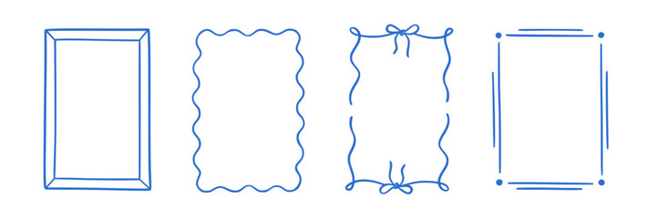 Frame border hand drawn line set. Frame border line hand drawn doodle rectangle vintage wavy bow picture. Cute whimsical decoration scallop squiggly curly wedding invitation. Vector illustration © Polina Tomtosova