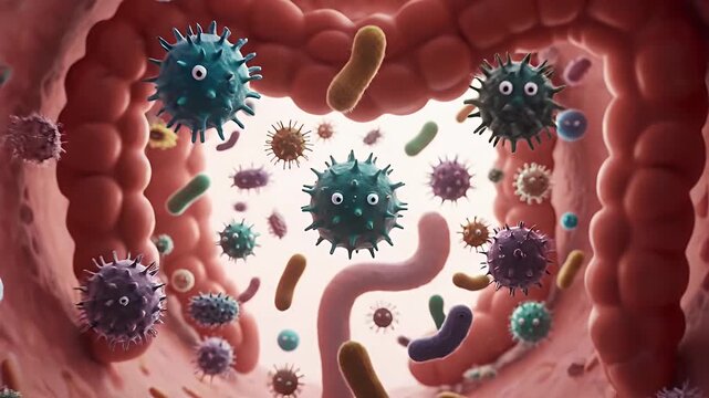 CGI Animation of Probiotic Bacteria Colony Inside Human Intestine Ecosystem with Friendly Microbes