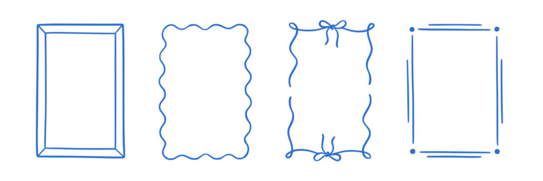 Frame border hand drawn line set. Frame border line hand drawn doodle rectangle vintage wavy bow picture. Cute whimsical decoration scallop squiggly curly wedding invitation. Vector illustration