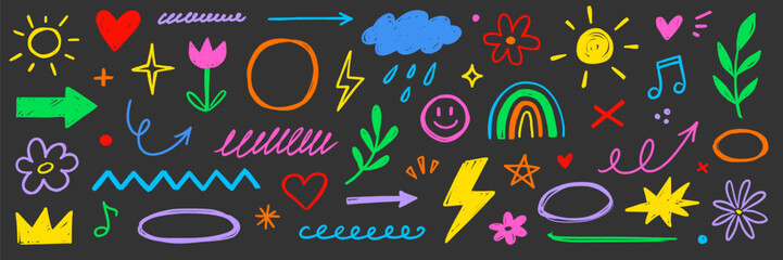 Plakat Crayon line icon pastel set. Crayon line icon hand drawn pencil pastel color brush chalk scribble texture. Cute kid children rainbow heart star sun cloud flower baby smile. Vector illustration