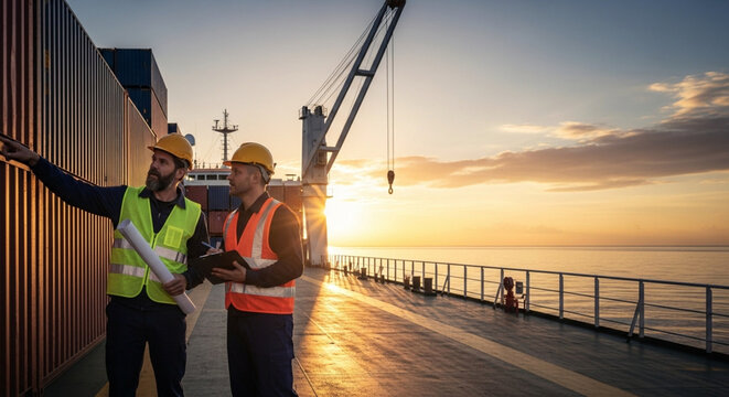 Two construction workers on a pier.