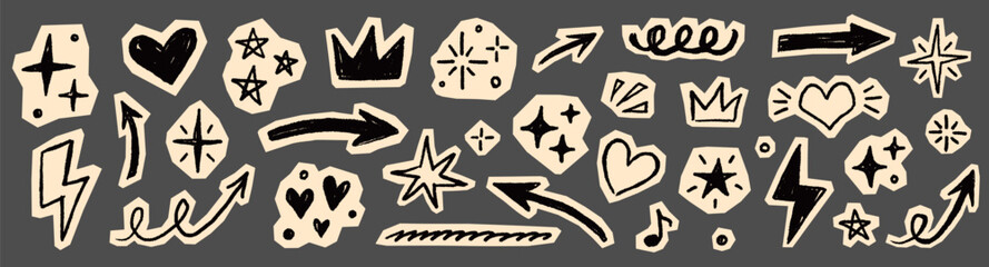 Obraz na płótnie Canvas Scrapbook collage sticker element set. Hand drawn paper cut collage with crayon doodle line brush texture. Cute planner craft template design with heart circle arrow star label frame. Vector