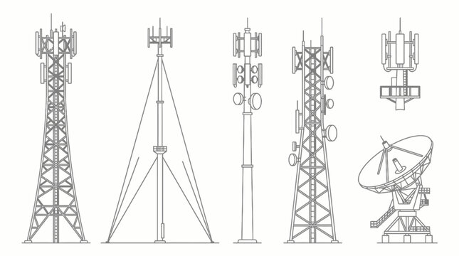 Various Telecommunication Towers and Satellite Dish Line Art.