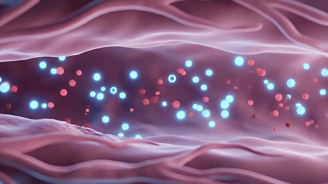 Close Up Microscopic View Inside Healthy Lung Alveolus Showing Red Blood Cells and Oxygen Molecules in a Blood Vessel