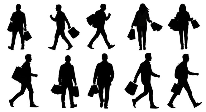 Diverse Silhouettes of People Walking and Carrying Shopping Bags, Representing Consumerism and Urban Lifestyle Graphics