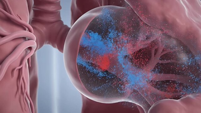 Healthy Lung Alveolus Microscopic View Showing Gas Exchange With Red Blood Cells and Oxygen Particles in 3D Rendering