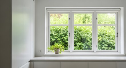 Fototapeta premium Bright White Window with Green Foliage View