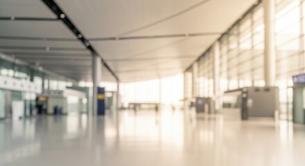 Obraz premium Spacious and modern airport terminal interior with natural light streaming through large windows, creating a bright and airy atmosphere.