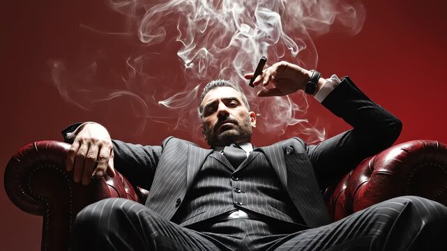 Authoritative Figure in Pinstripe Suit Exhaling Thick Cigar Smoke