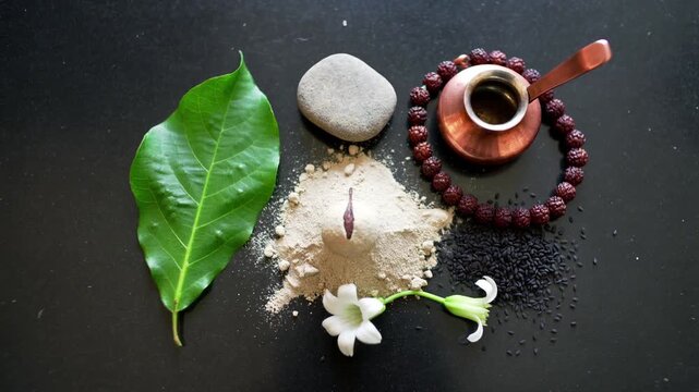 Arrangement of natural and ritualistic elements including a green leaf, smooth stone, fragrant powder, delicate white flower, and copper pot with beads on a dark surface, serene composition
