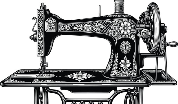 An intricately detailed black and white illustration of a vintage sewing machine with floral embellishments high quality professional modern elegant stylish