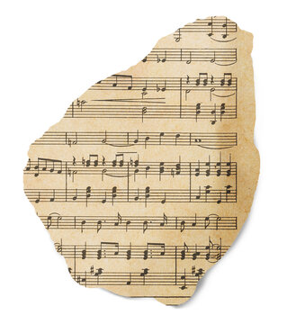 Scrap of old music sheet, vintage yellowed ripped paper with notes isolated. Piece of old torn vintage music sheet.