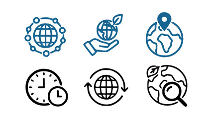 Icons featuring world, time, and global communication concepts. Ideal for international business and travel themes. © Andika