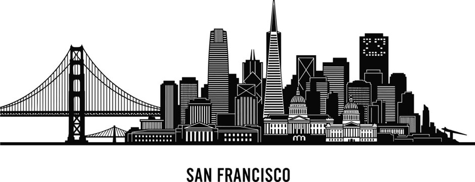 Black and white silhouette of San Francisco skyline featuring Golden Gate Bridge, Transamerica Pyramid, Salesforce Tower, City Hall, and iconic landmarks