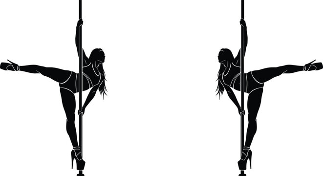 Black mirrored silhouettes of pole dancers performing acrobatic poses with strength, flexibility, and balance in high heels and fitted attire