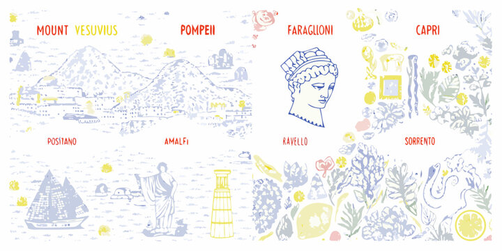 Illustrated map of the bay of Naples featuring historical landmarks