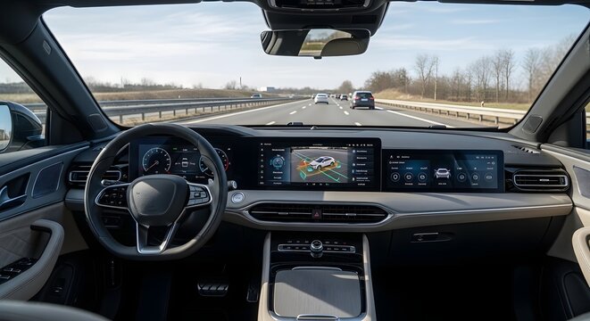 Modern Car Interior with Digital Dashboard on Highway