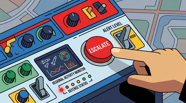 Finger pressing a red escalate button on a military control panel