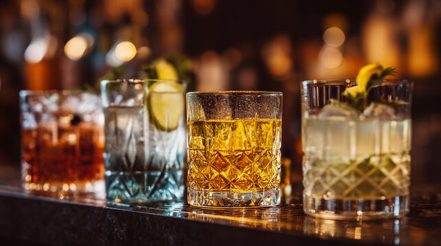 Four glasses of different alcoholic beverages sit on a bar counter.