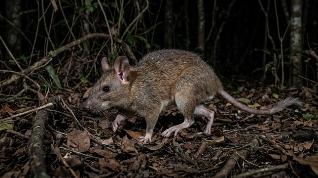 A rare long-nosed potoroo foraging on the forest floor at night.