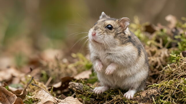 Curious Wood Mouse Sitting on Mossy Forest Floor Among Autumn Leaves &mdash; Cute Wildlife Portrait