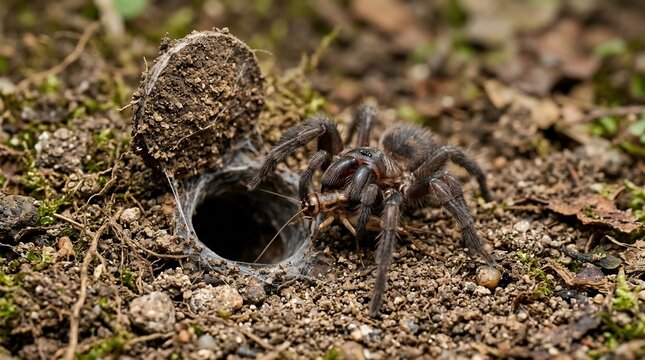 A trapdoor spider emerging from its burrow in the ground.