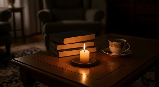 Lilin menyala di atas meja kayu dengan tumpukan buku dan cangkir teh di ruangan gelap.