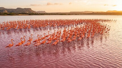Fototapeta premium Aerial view of a large flock of flamingos in a pink salt lake at sunset.