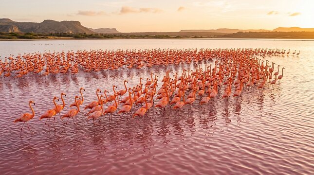Aerial view of a large flock of flamingos in a pink salt lake at sunset.