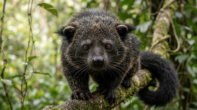 Binturong or Bearcat in its natural habitat, a dense tropical rainforest, looking directly at the camera.