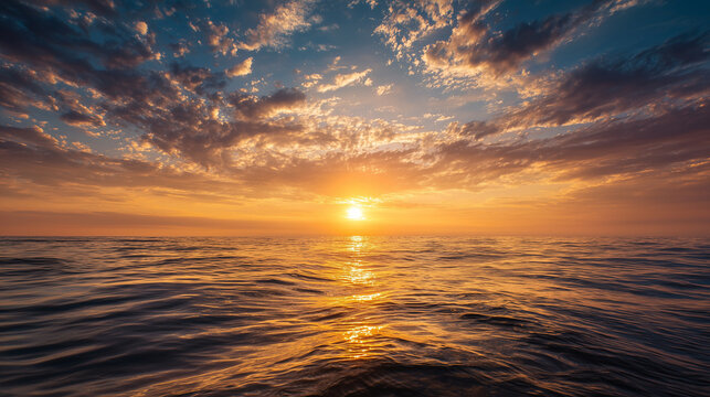 sunrise over the ocean horizon, golden light reflecting on water, soft clouds, peaceful atmosphere, ultra realistic photography, cinematic lighting, HDR, minimal composition.