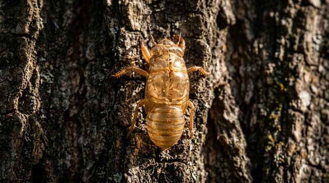 Close-up of a cicada shell clinging to a tree trunk in natural light.