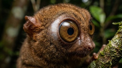 Fototapeta premium Close-up of a Philippine Tarsier with large eyes in its natural habitat, a small primate native to the Philippines.