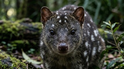 Obraz premium Close-up of a Spotted-tail Quoll in its natural habitat, looking directly at the camera.