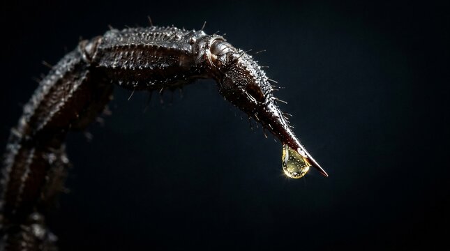 Close-up of a scorpions stinger with a drop of venom against a dark background, highlighting the dangerous nature of the arachnid.
