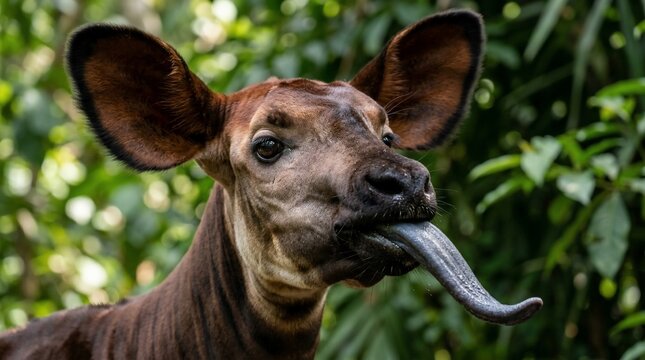 Close-up of an Okapi with its tongue out in a lush green forest.