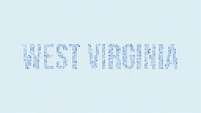 West Virginia, United States dotted map animation. Digital style shape of the state. West Virginia, United States shape and title dots appear with bulb flickering effect.