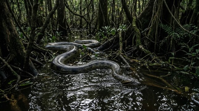 A giant python snake slithering through the dark murky waters of a dense tropical swamp.