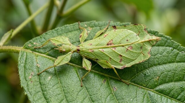 A green leaf insect camouflaged on a real leaf.