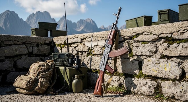 Military outpost with AK-47 rifle, radio, and binoculars in mountainous terrain.