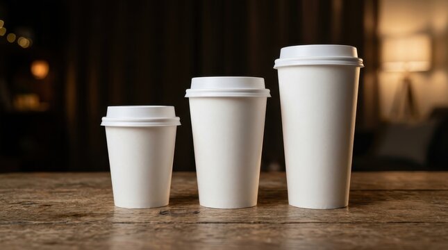 Three blank white paper coffee cups of different sizes arranged on a rustic wooden table in a warm, dimly lit cozy cafe setting.