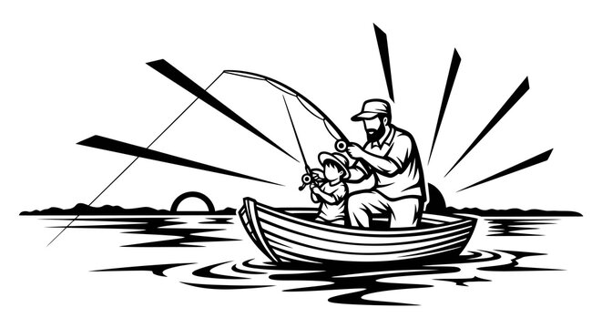 Man fishing in a small boat on the water at sunrise.