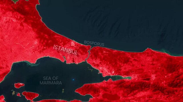 Istanbul city and the Bosphorus Strait on an animated map footage
