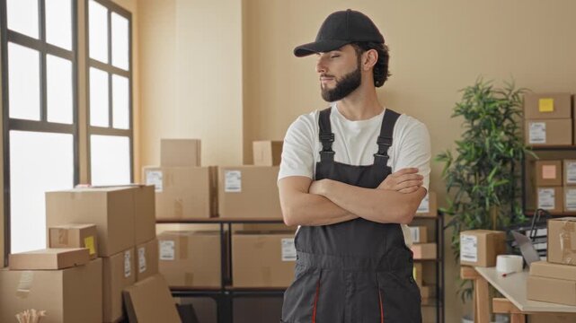 Man in cap and overalls with arms crossed, smiling among stacked parcel boxes and shipping labels in a packing building; confidence reliability service efficiency.