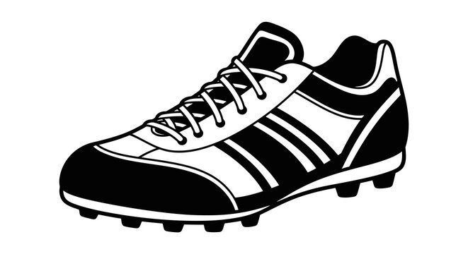 A black and white illustration of a soccer cleat on a white background.