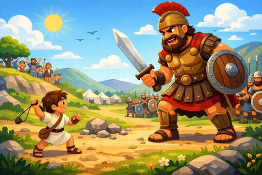 Young david confronting giant goliath, holding slingshot, symbolizing courage, faith, and overcoming challenges against impossible odds