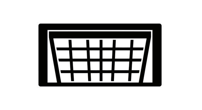 A simple black and white graphic of a basket with a grid pattern inside a rectangular border.