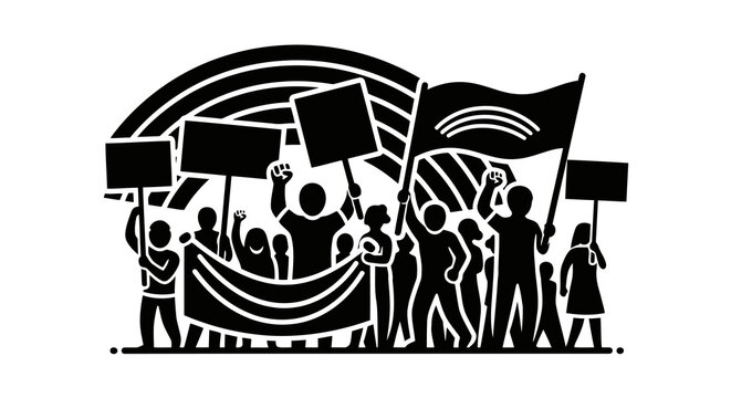 A group of people marching together with flags and banners in a protest or demonstration.