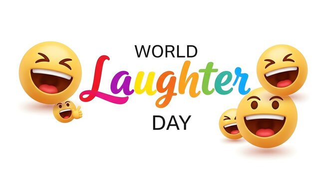 World laughter day celebration concept with colorful text and emojis