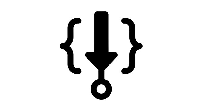 A simple black icon of a downward arrow enclosed within curly brackets on a white background.